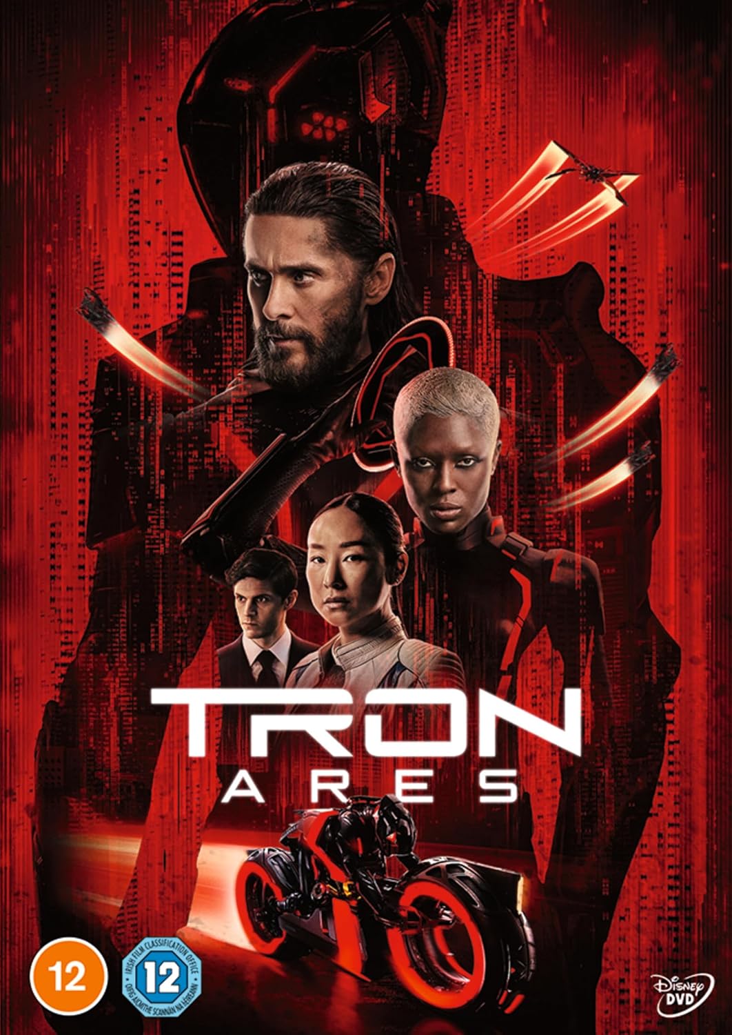 Tron Ares DVD cover featuring characters and a light cycle.