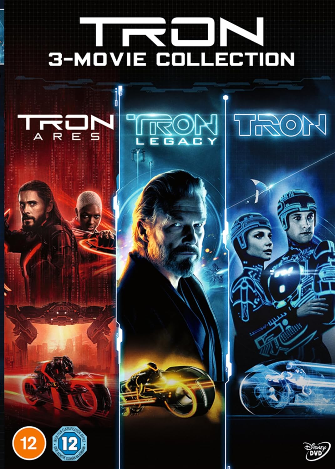 DVD cover art for the Tron 3-movie collection featuring characters and light cycles.