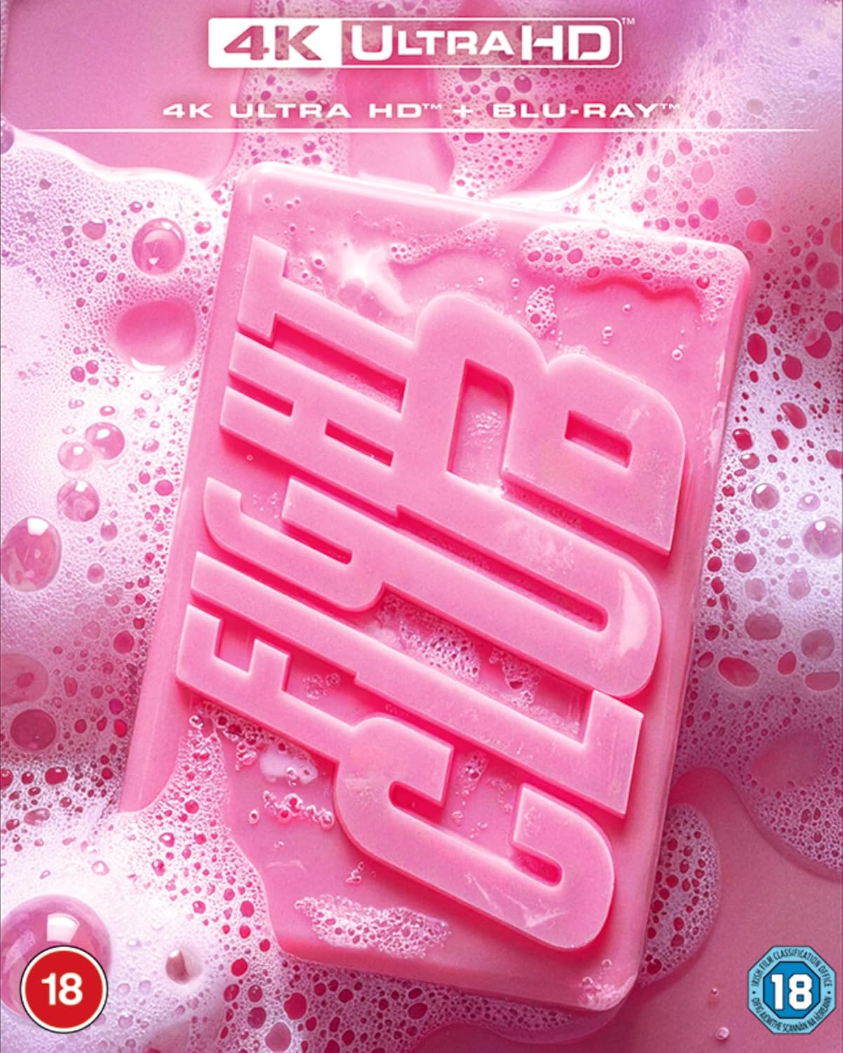 Fight Club" Blu-ray cover with stacked white letters in pink bubbles.