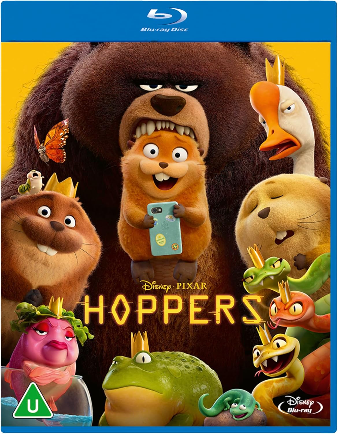 Hoppers" Blu-ray cover featuring animated animal characters and a phone.