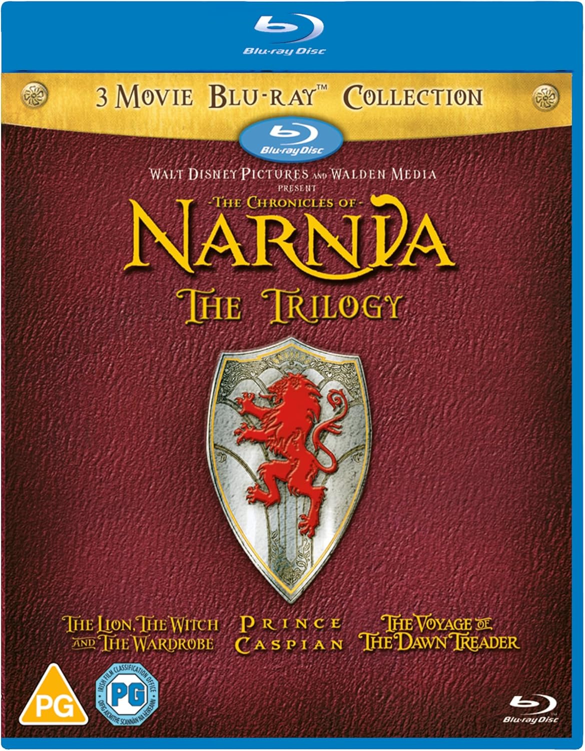 Blu-ray cover for "The Chronicles of Narnia" trilogy, featuring a lion crest.