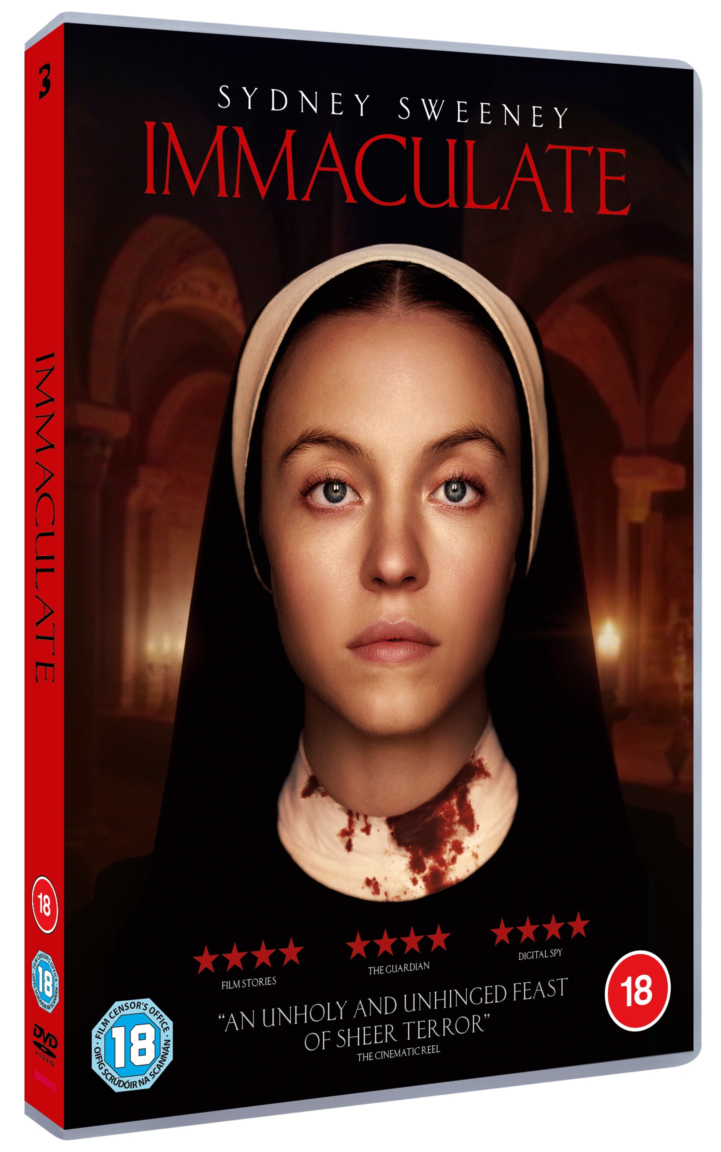 DVD cover for “Immaculate” featuring a nun with blood on her habit.