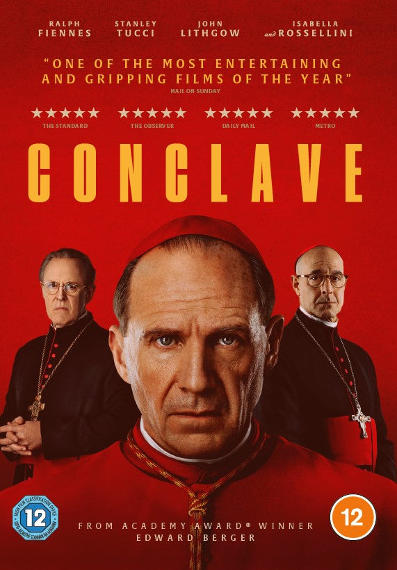 DVD cover for "Conclave" featuring three serious-faced men in clerical garb.
