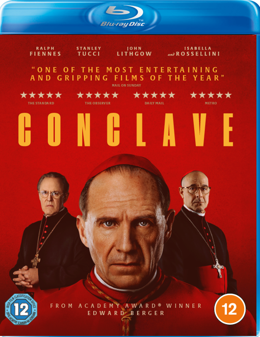 Conclave" Blu-ray cover featuring three cardinals in red robes.