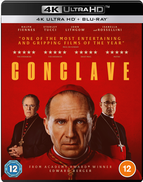 Blu-ray cover art for Conclave featuring three cardinals against a solid red background.