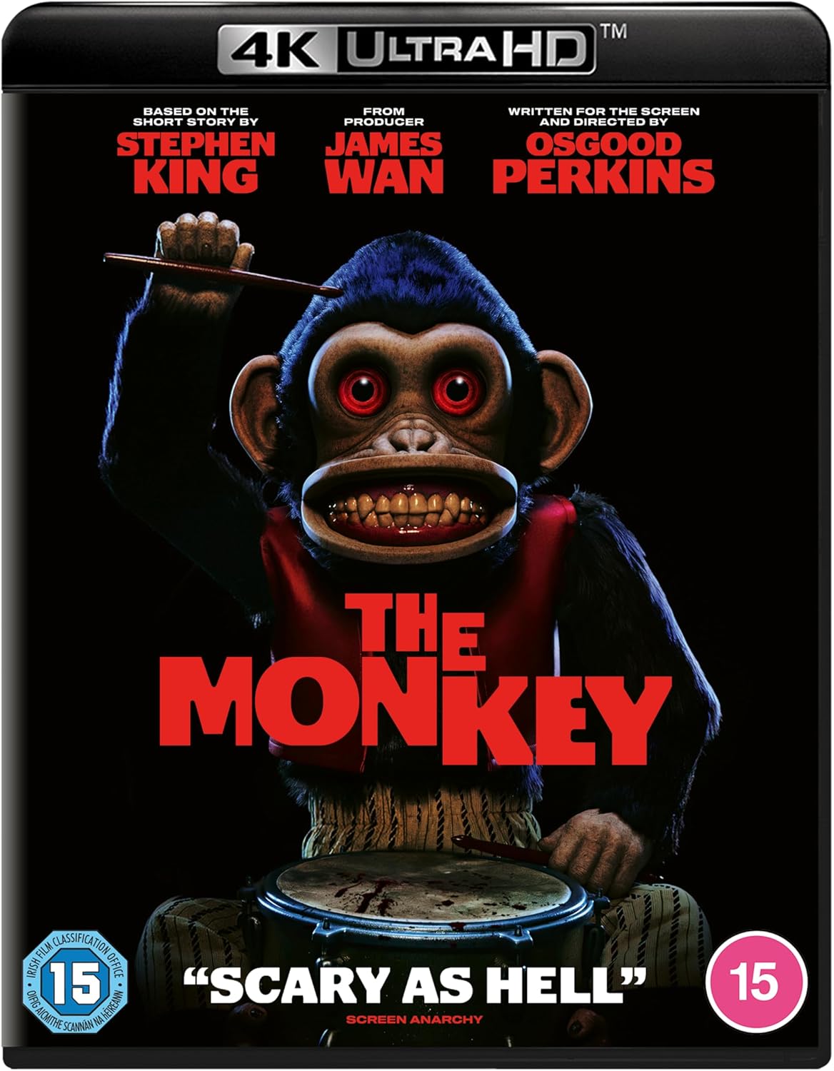 Blu-ray cover for "The Monkey" featuring a menacing, vintage toy monkey.