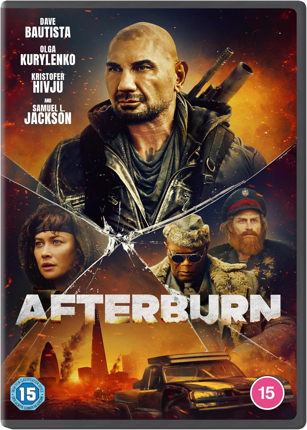 Afterburn" DVD cover featuring Dave Bautista and Samuel L. Jackson in action.