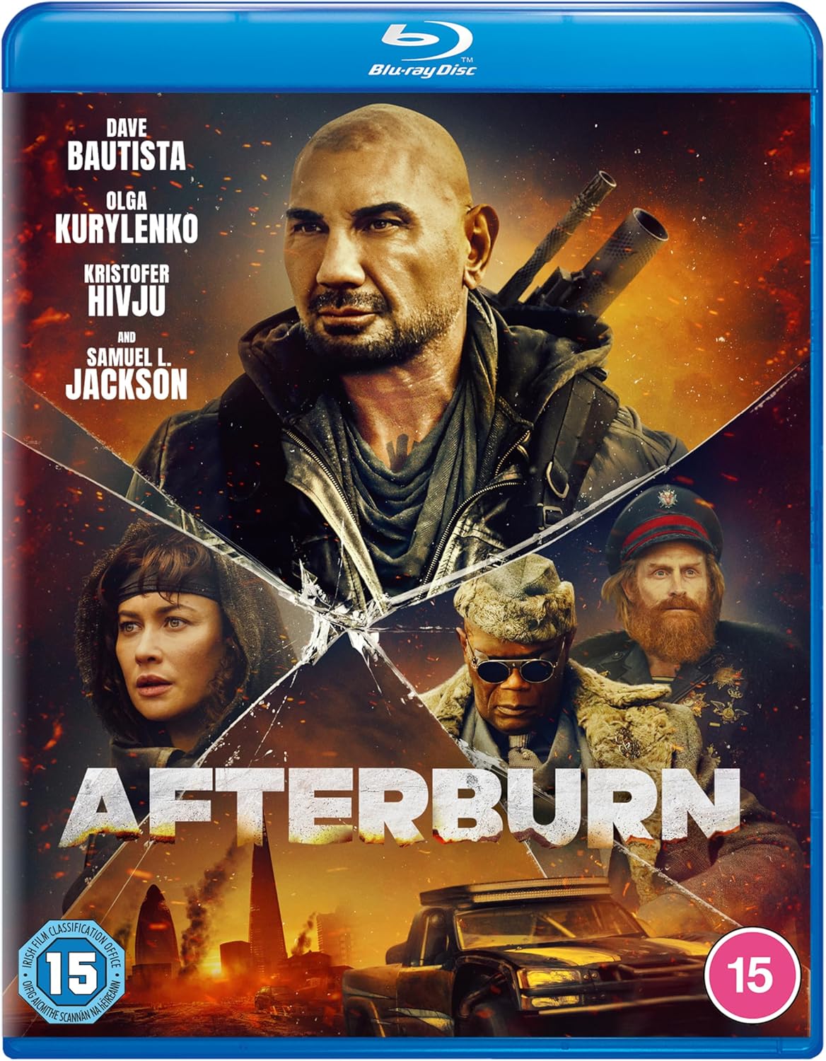 Afterburn" Blu-ray cover featuring Dave Bautista and Olga Kurylenko in action.