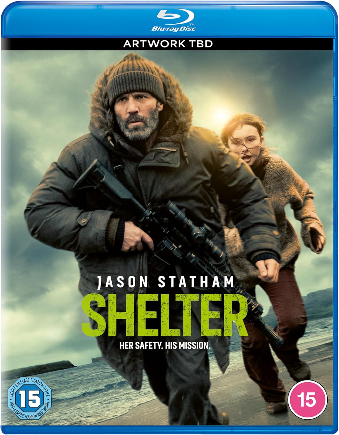Blu-ray cover for "Shelter" featuring Jason Statham with a young girl.
