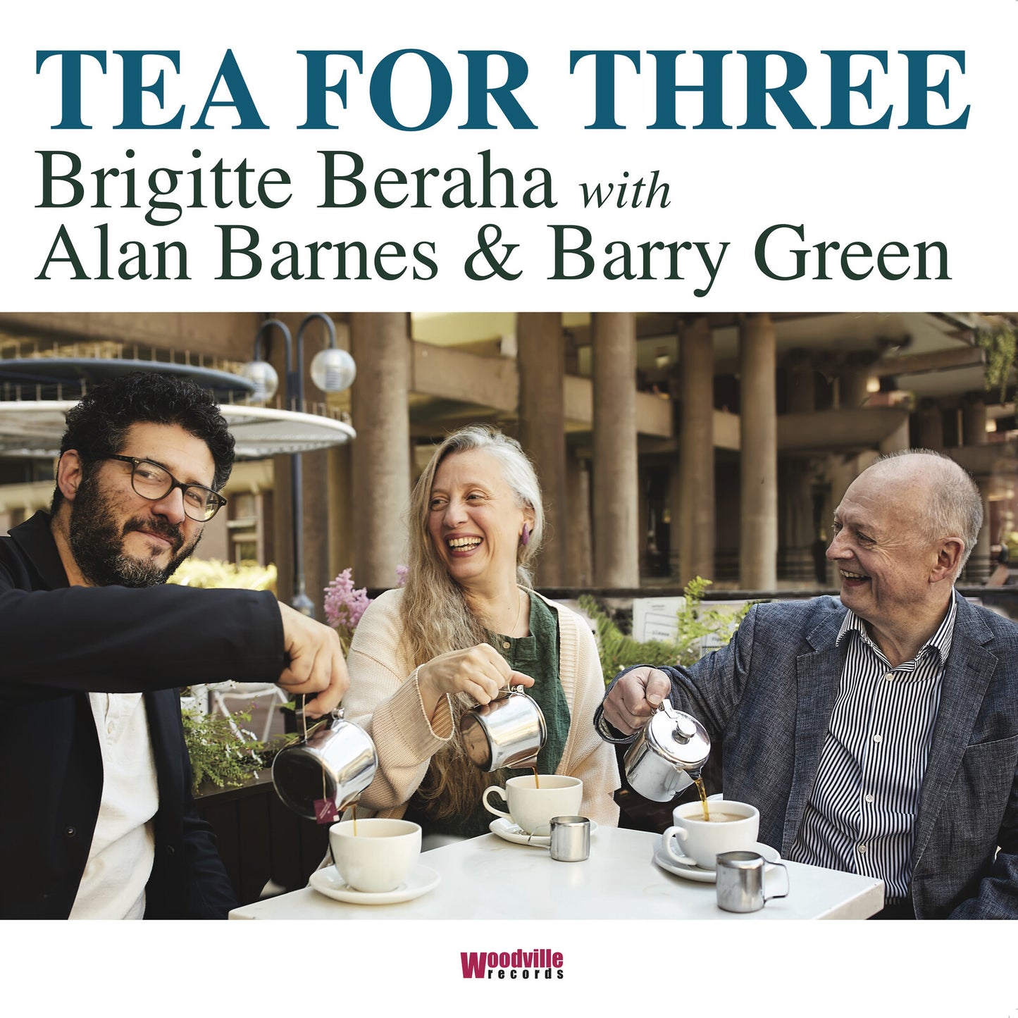 Album cover for “Tea For Three” featuring three musicians with teapots.