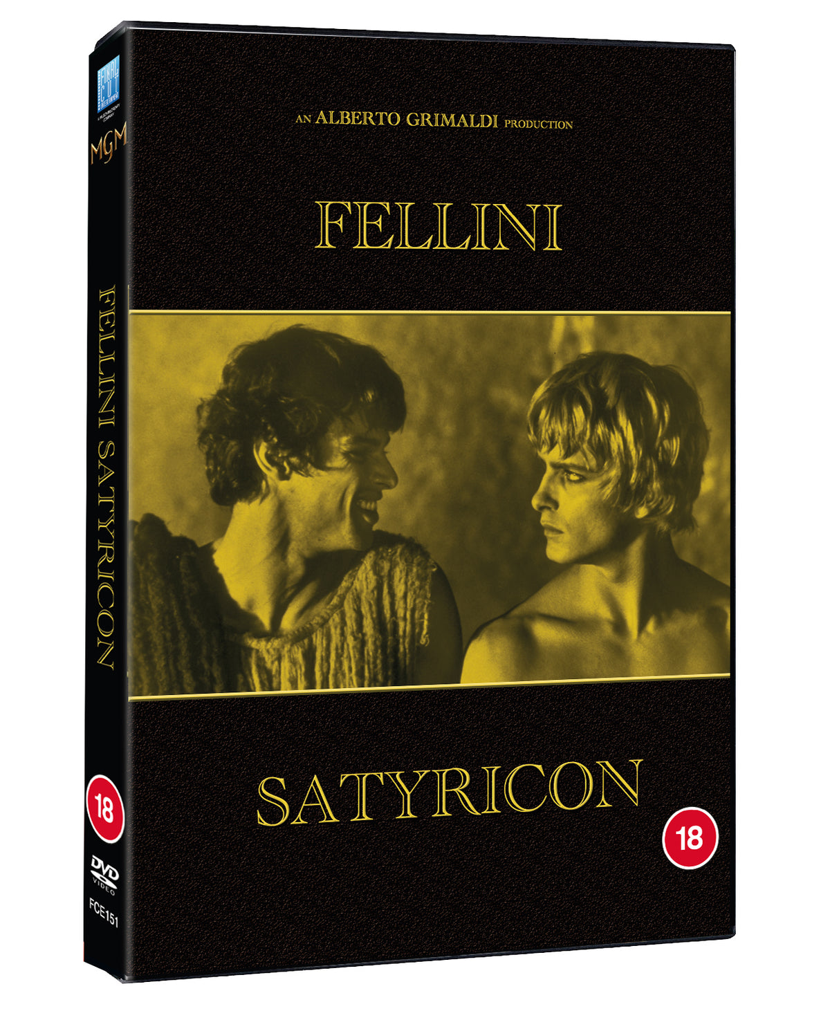 DVD cover for Fellini’s Satyricon, featuring two figures in a yellow landscape.