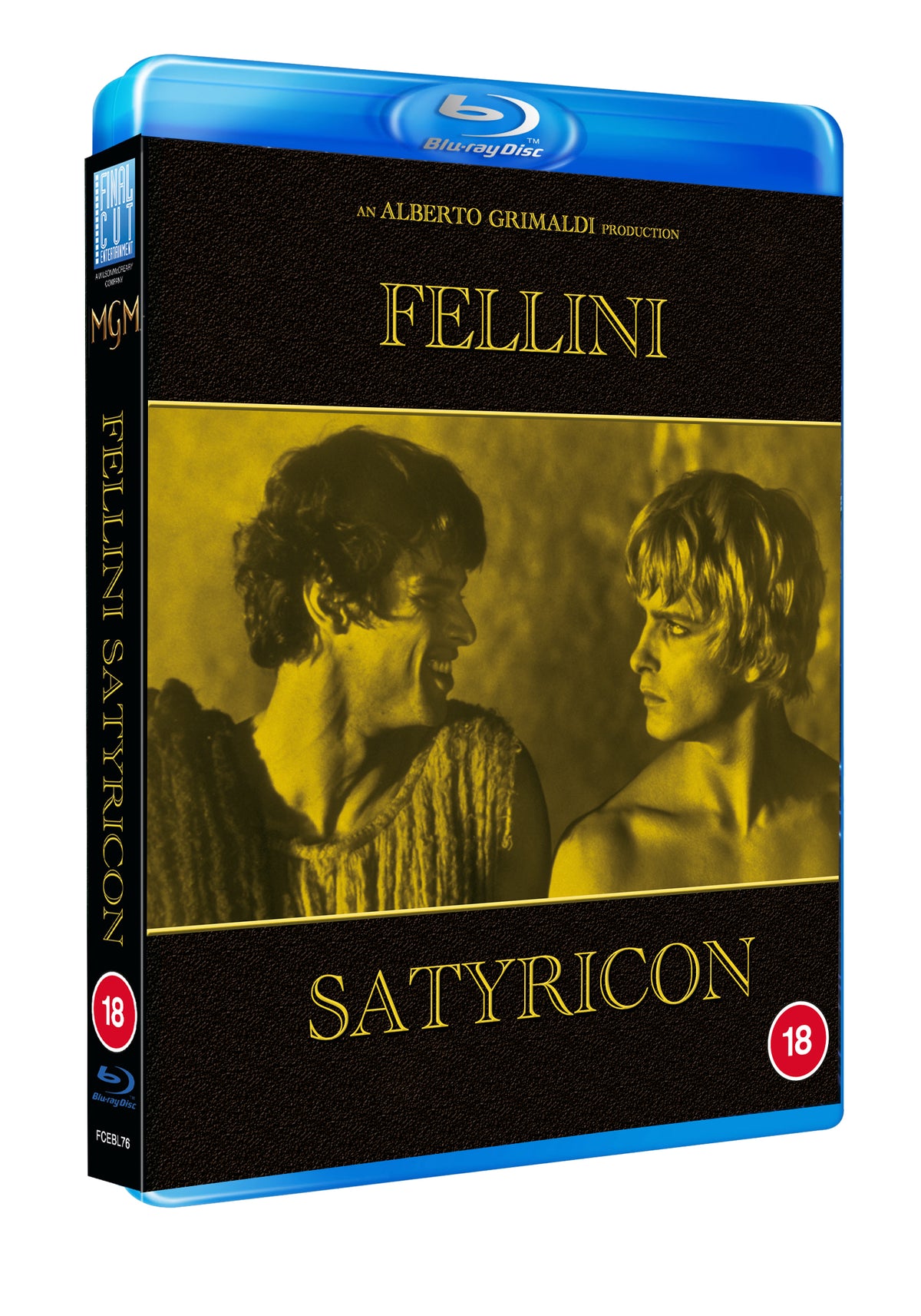 Blu-ray cover for Fellini's Satyricon, featuring two figures in sepia tones.