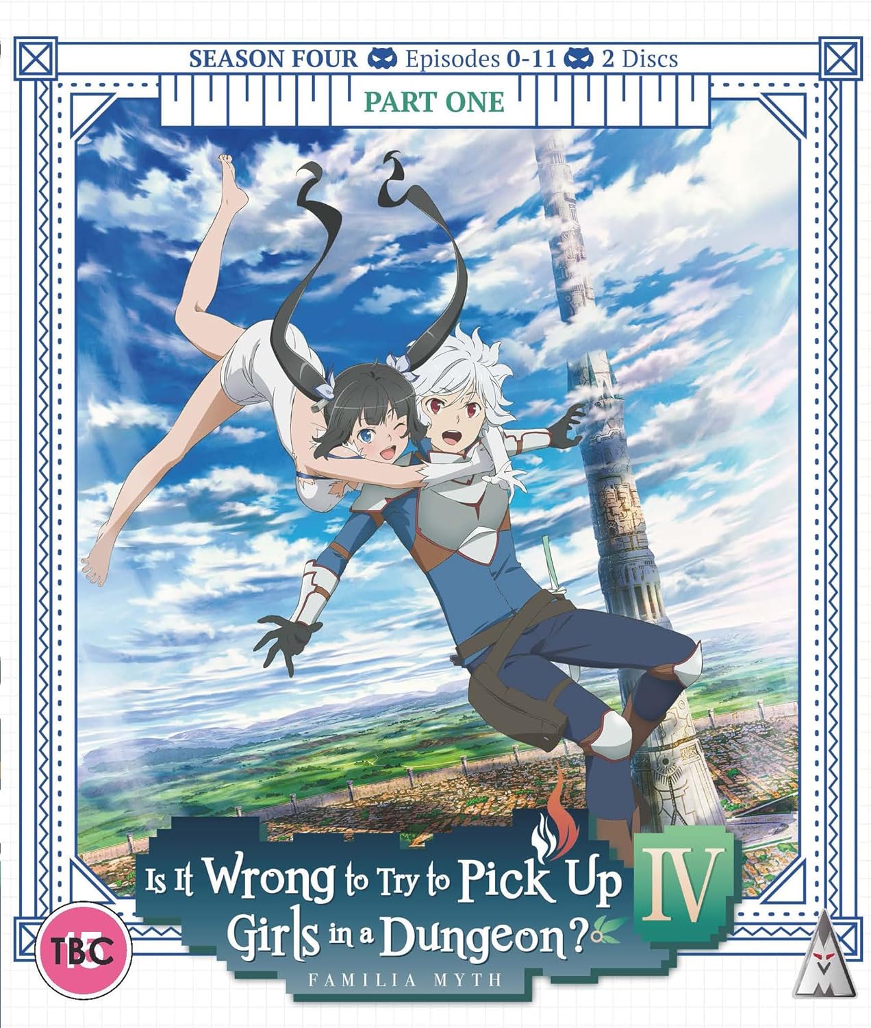 Anime characters Bell and Hestia falling against a sky and tower background.