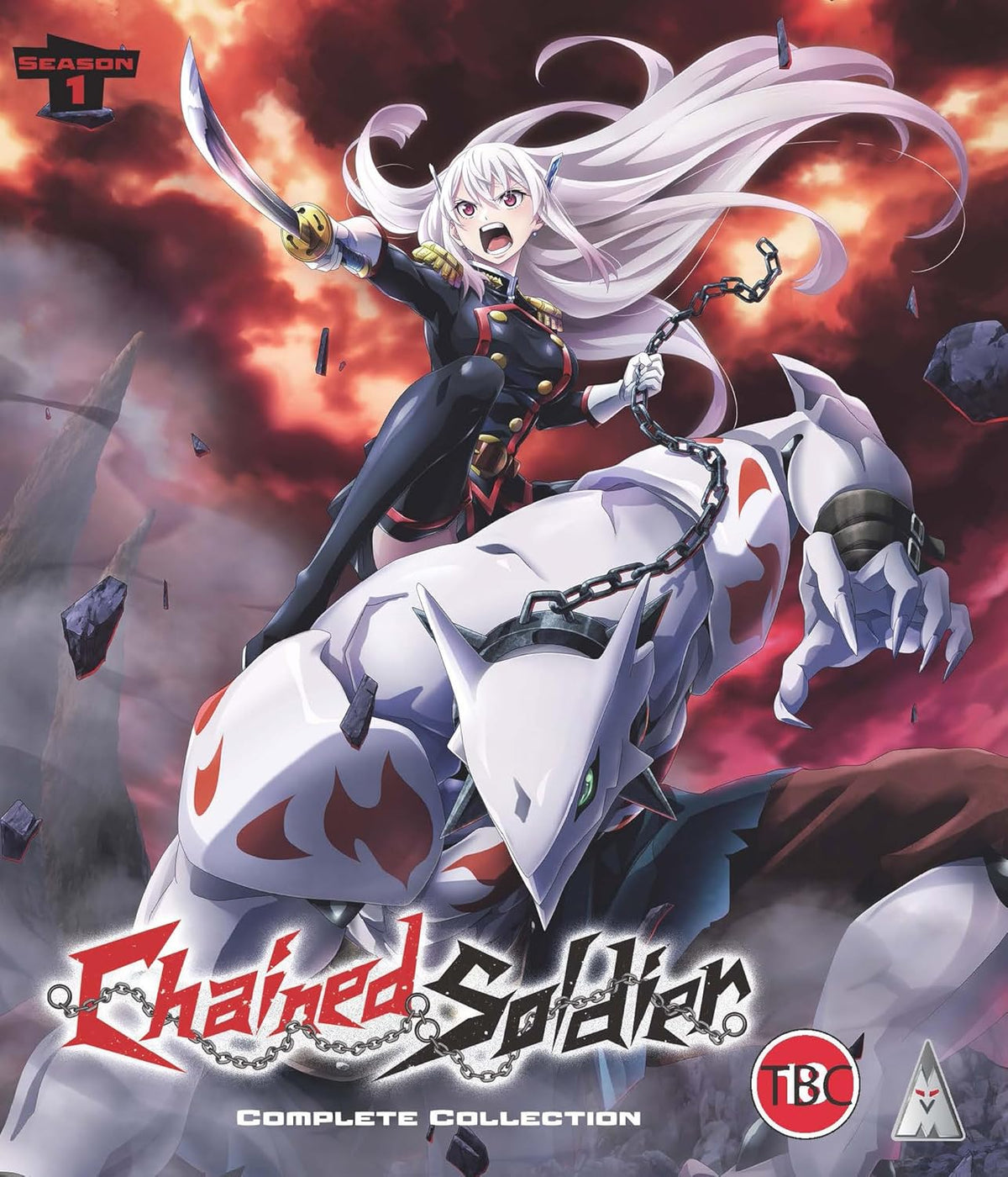 Anime girl with white hair riding a robotic, white wolf-like creature.