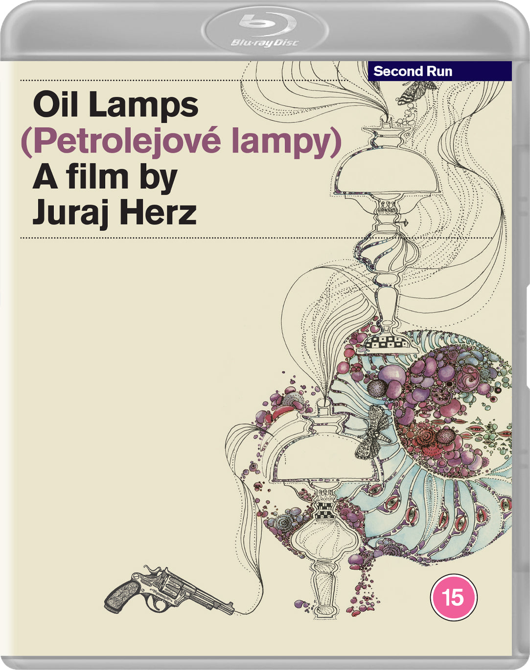 Blu-ray cover for Oil Lamps featuring surreal line art of lamps, smoke, and revolver.