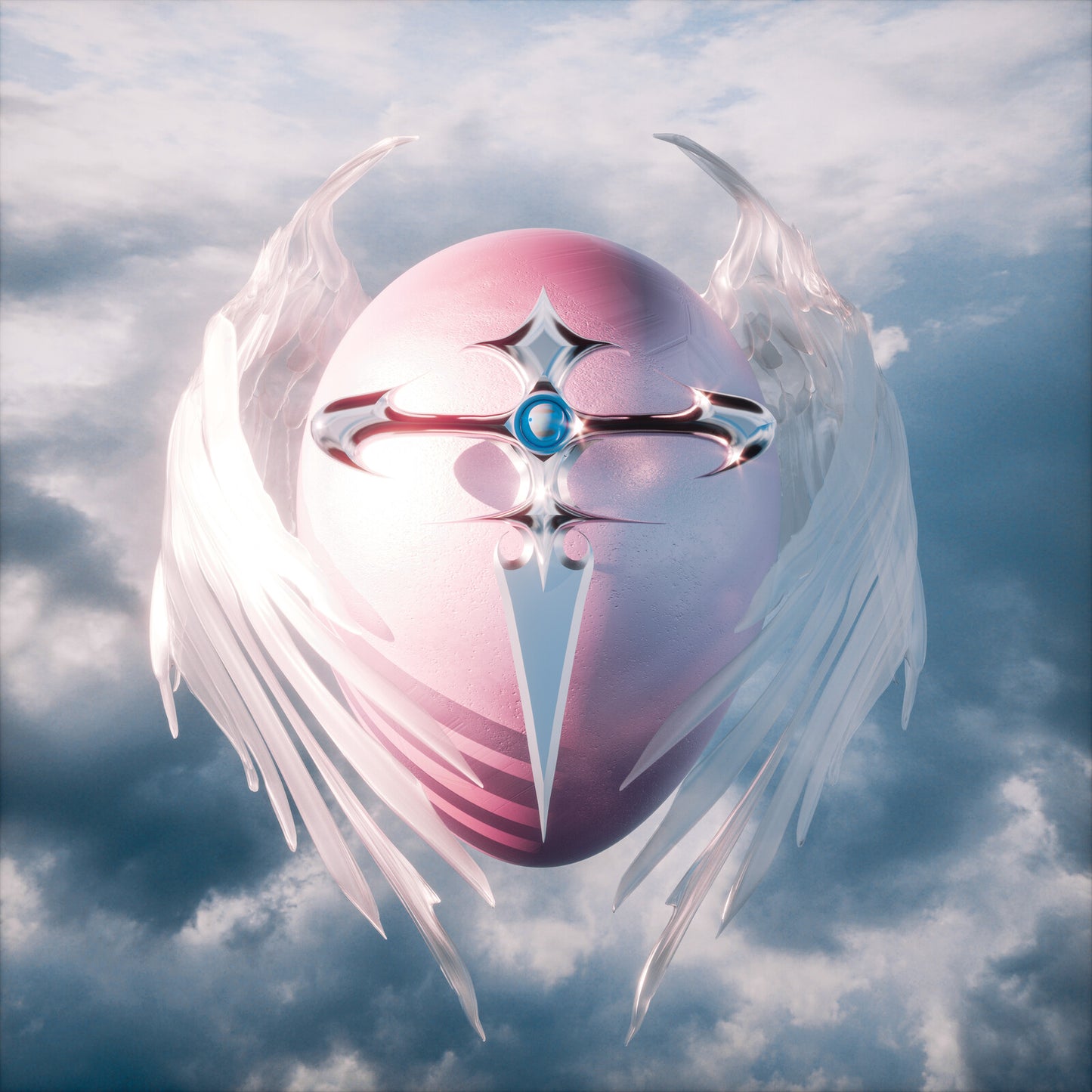 Pink orb with white wings against a cloudy blue sky.