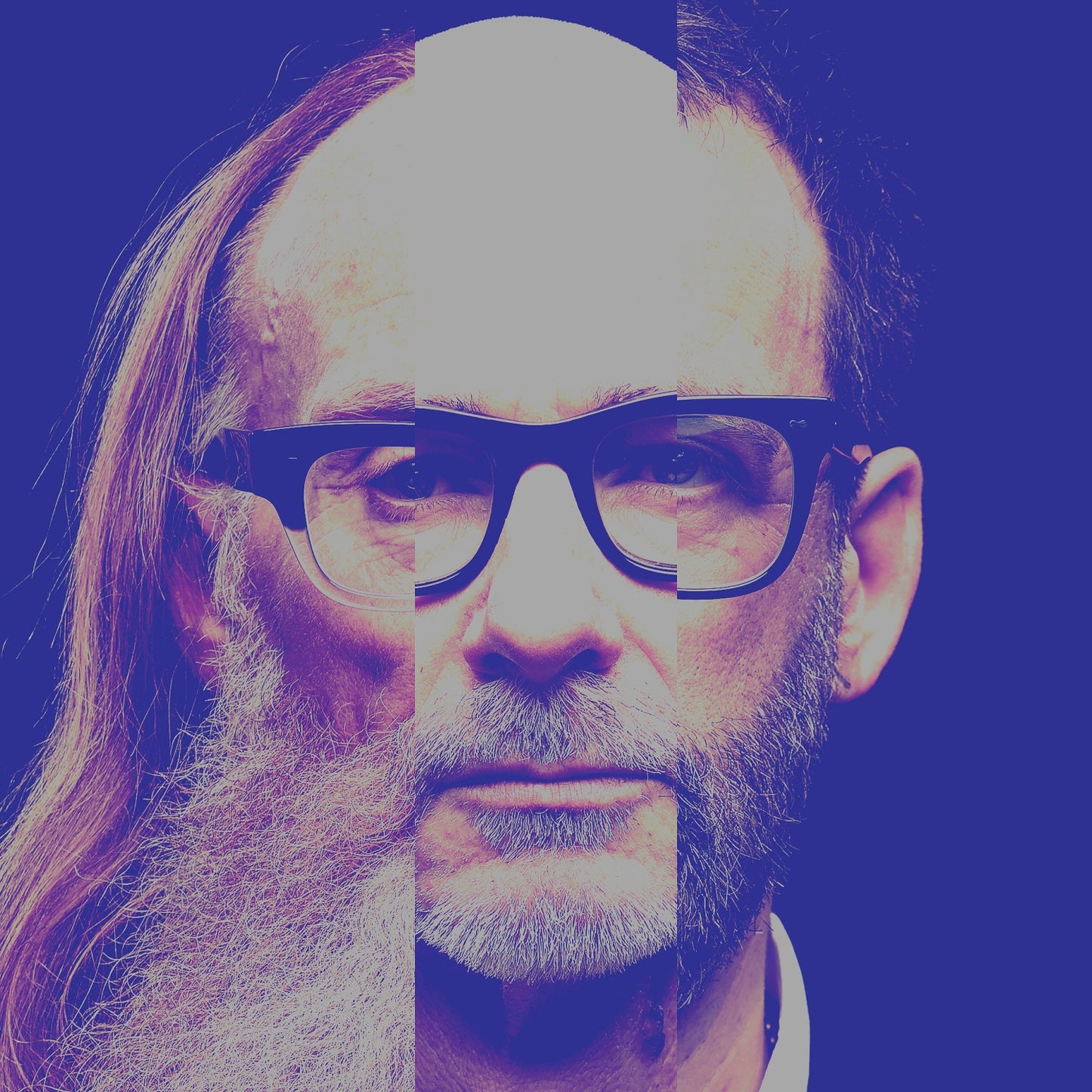 Split portrait of a man with long hair and glasses, blue background.