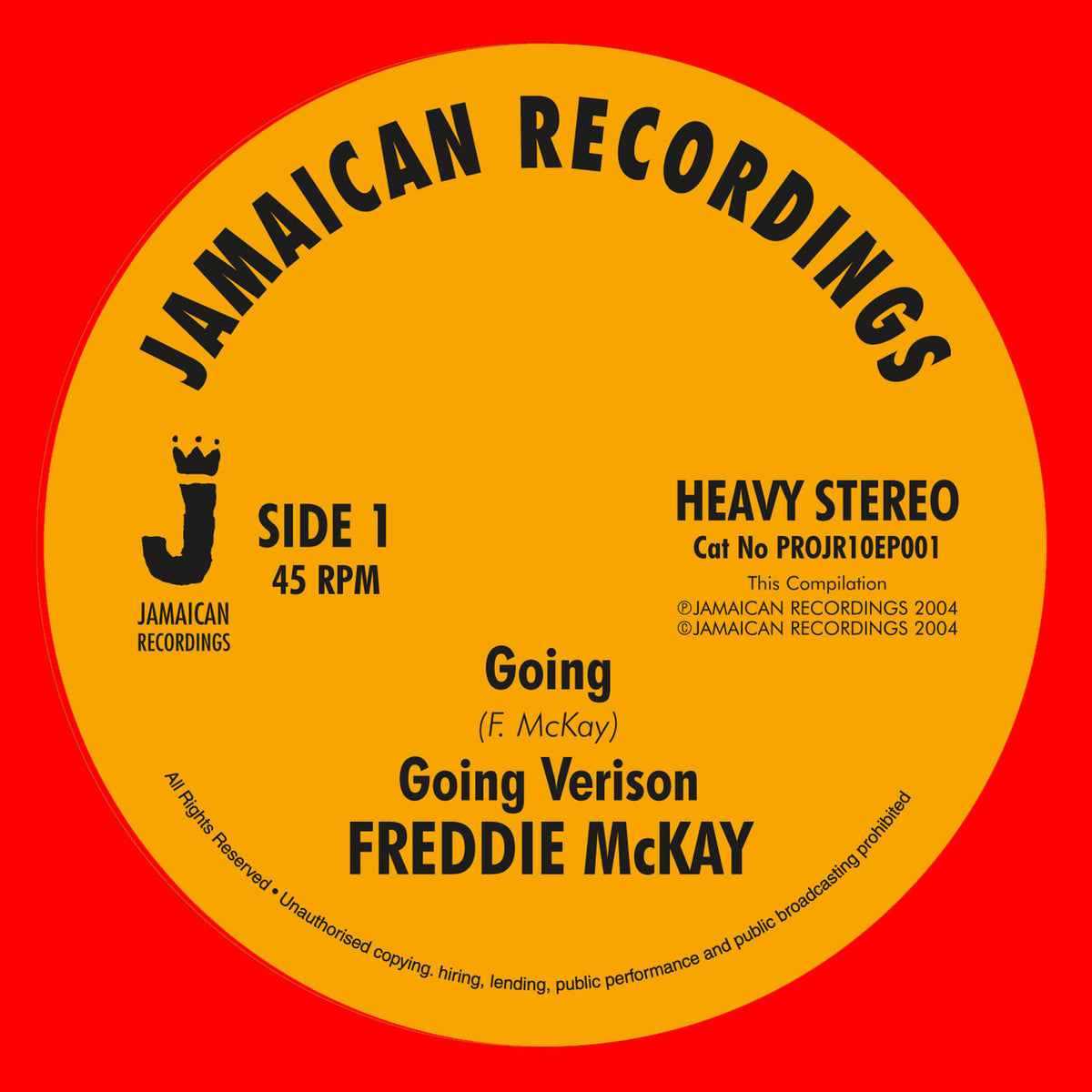 Red and orange vinyl record label with black text: "Going" by Freddie McKay.