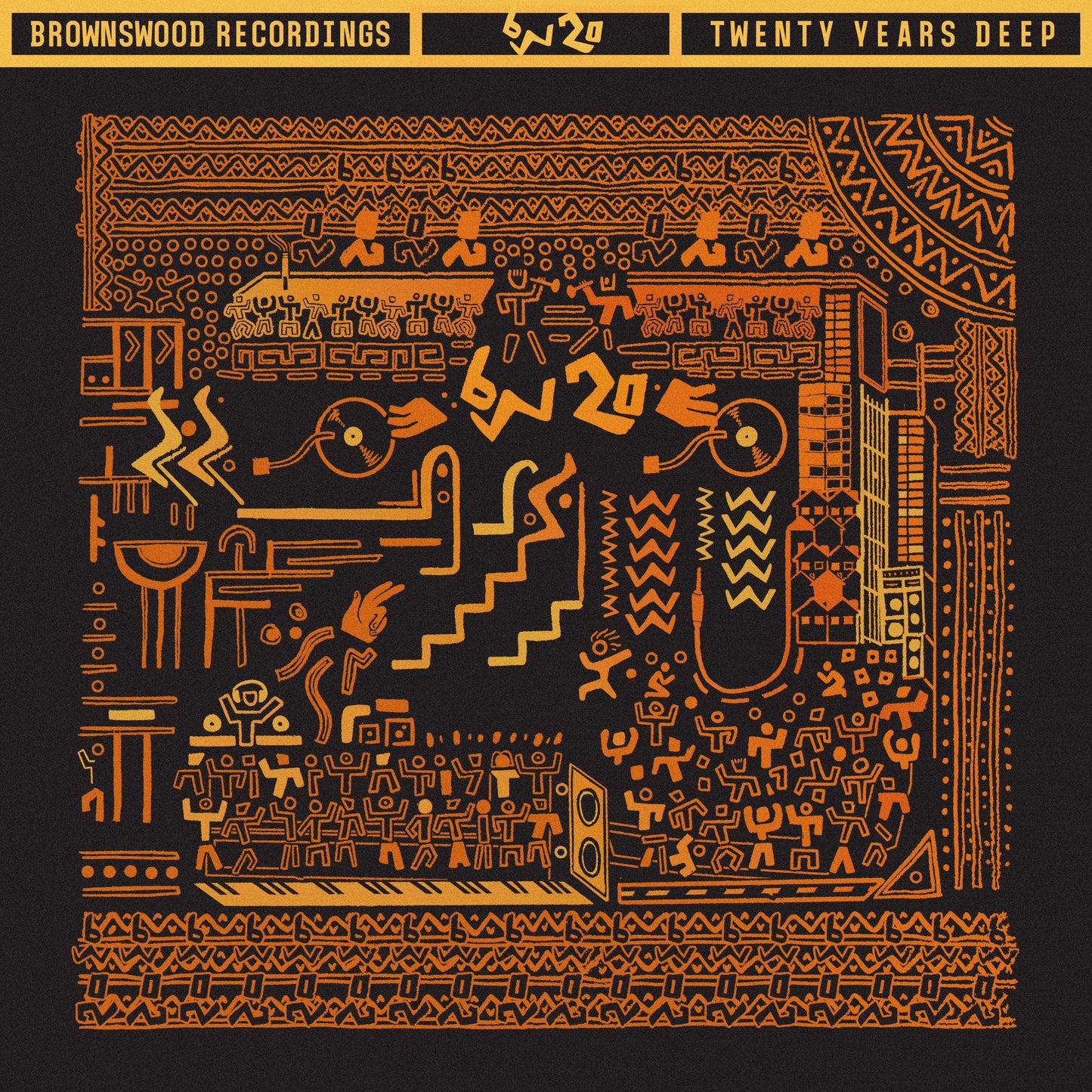 Orange tribal-style line art on a black background depicting people dancing and musical equipment.