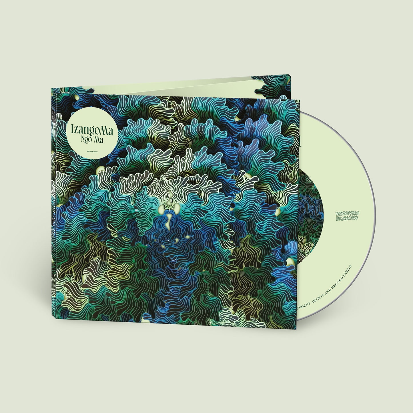 CD cover for IzangMa’s “Ngo Ma” featuring swirling blue and green abstract art.