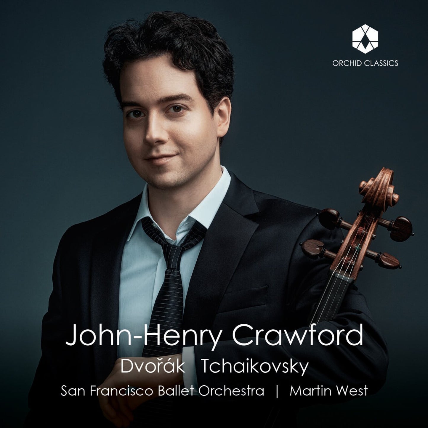 John-Henry Crawford portrait with violin, album cover for Dvorak/Tchaikovsky CD.