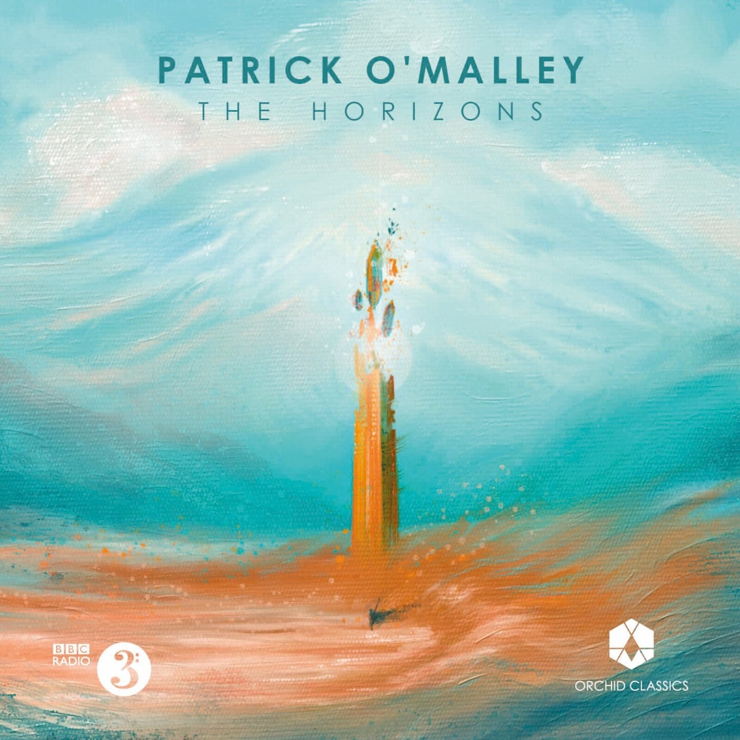 CD cover for Patrick O'Malley’s “The Horizons” with abstract painted landscape.