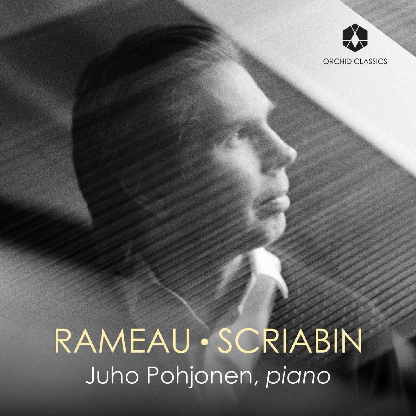 Black and white portrait of pianist Juho Pohjonen, album cover.