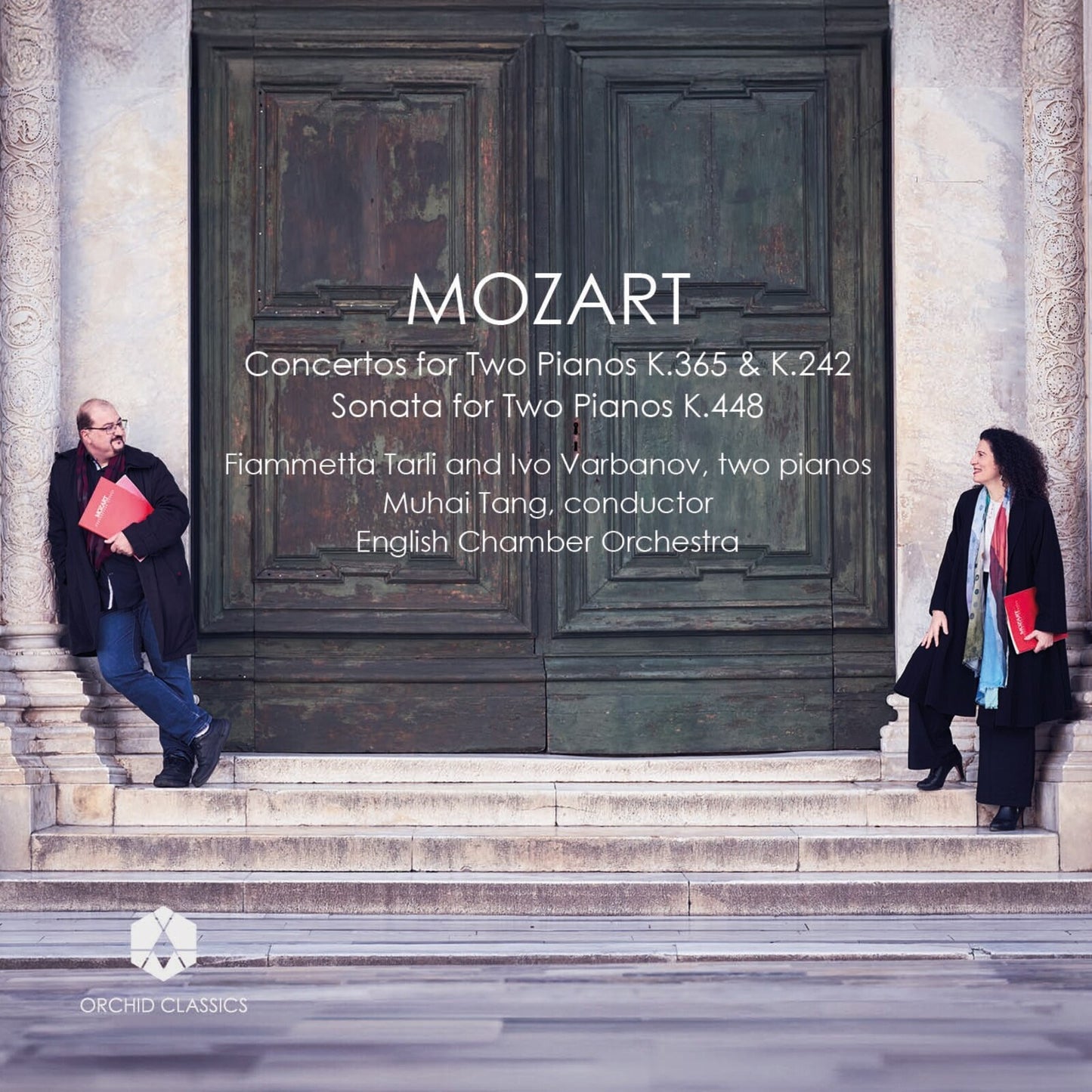 CD cover for Mozart piano concertos featuring two musicians by a door.