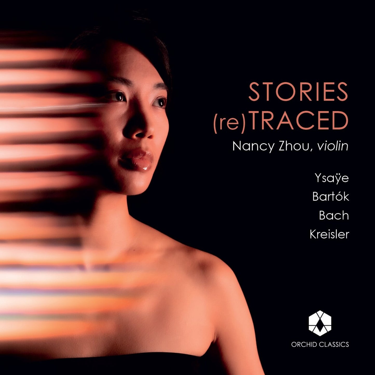 CD cover featuring violinist Nancy Zhou, with text “Stories (re)traced”.