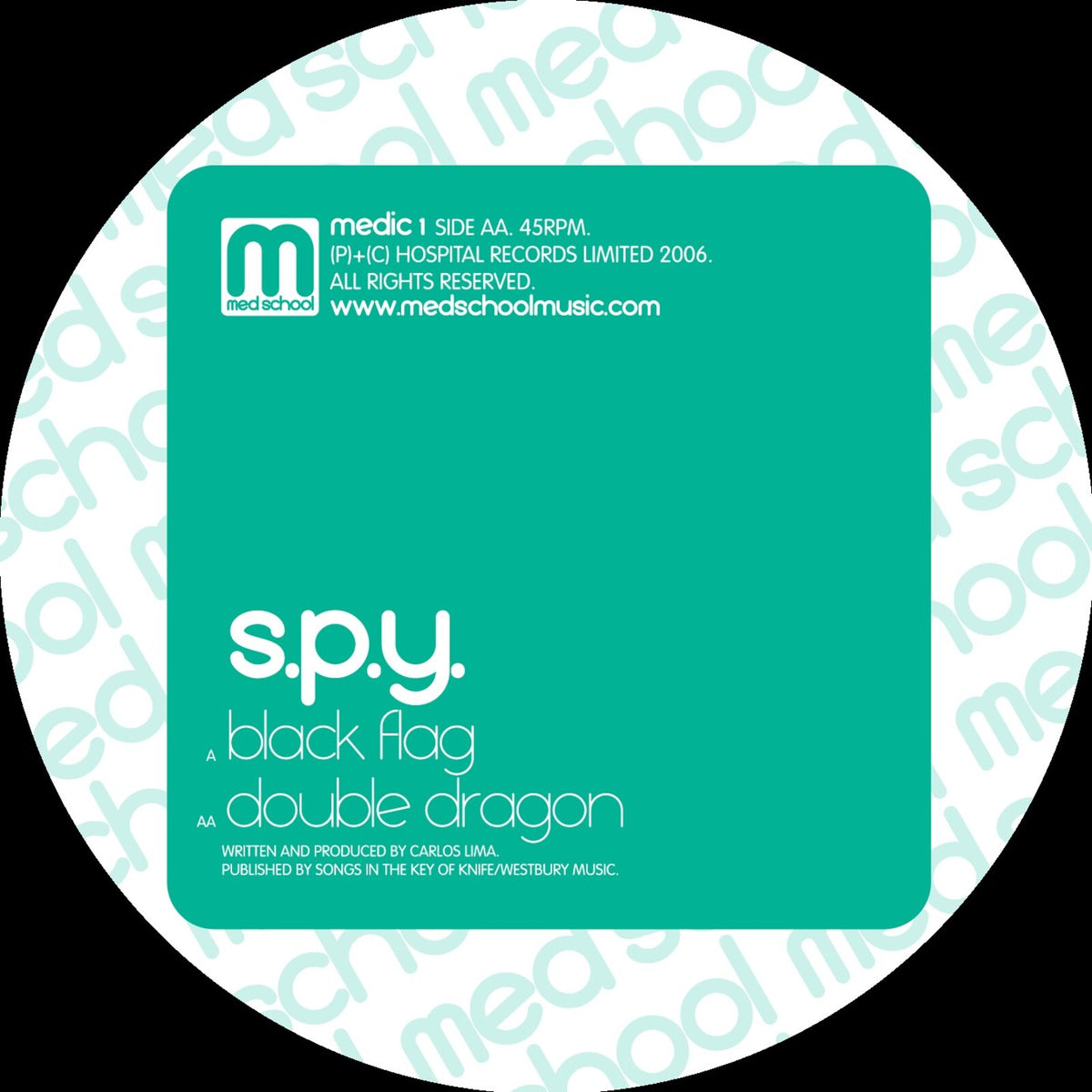 Turntable record label for S.p.yās āBlack Flagā with teal and white text.