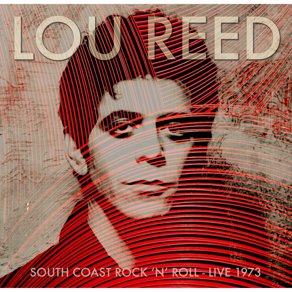 Lou Reed album cover, portrait with red linear graphic overlay.
