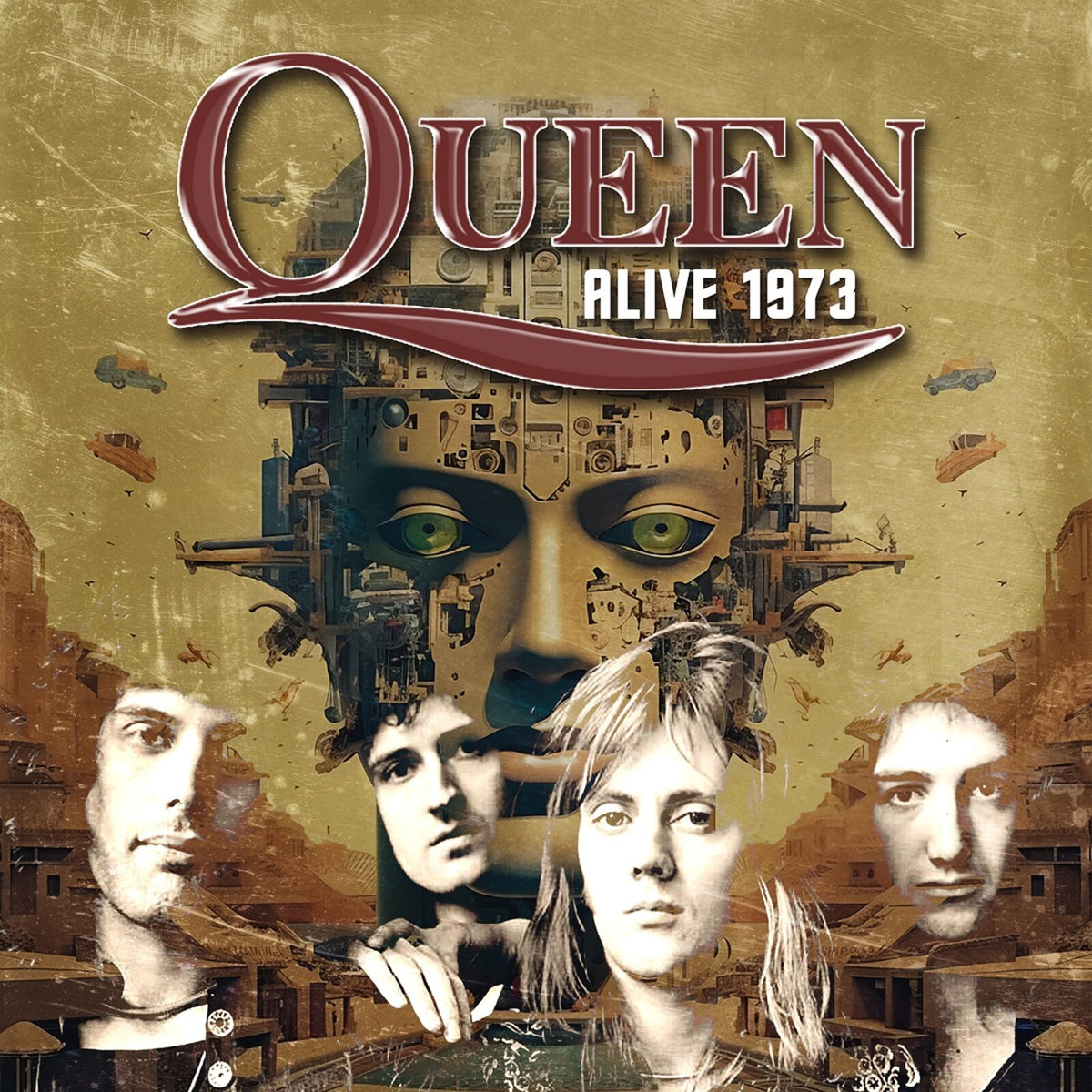 Queen "Alive 1973" CD cover with band members and surreal cityscape.