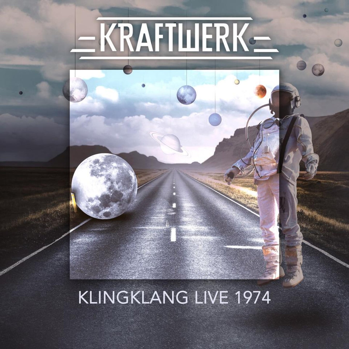 Kraftwerk album cover: astronaut on a road with planets and moon.