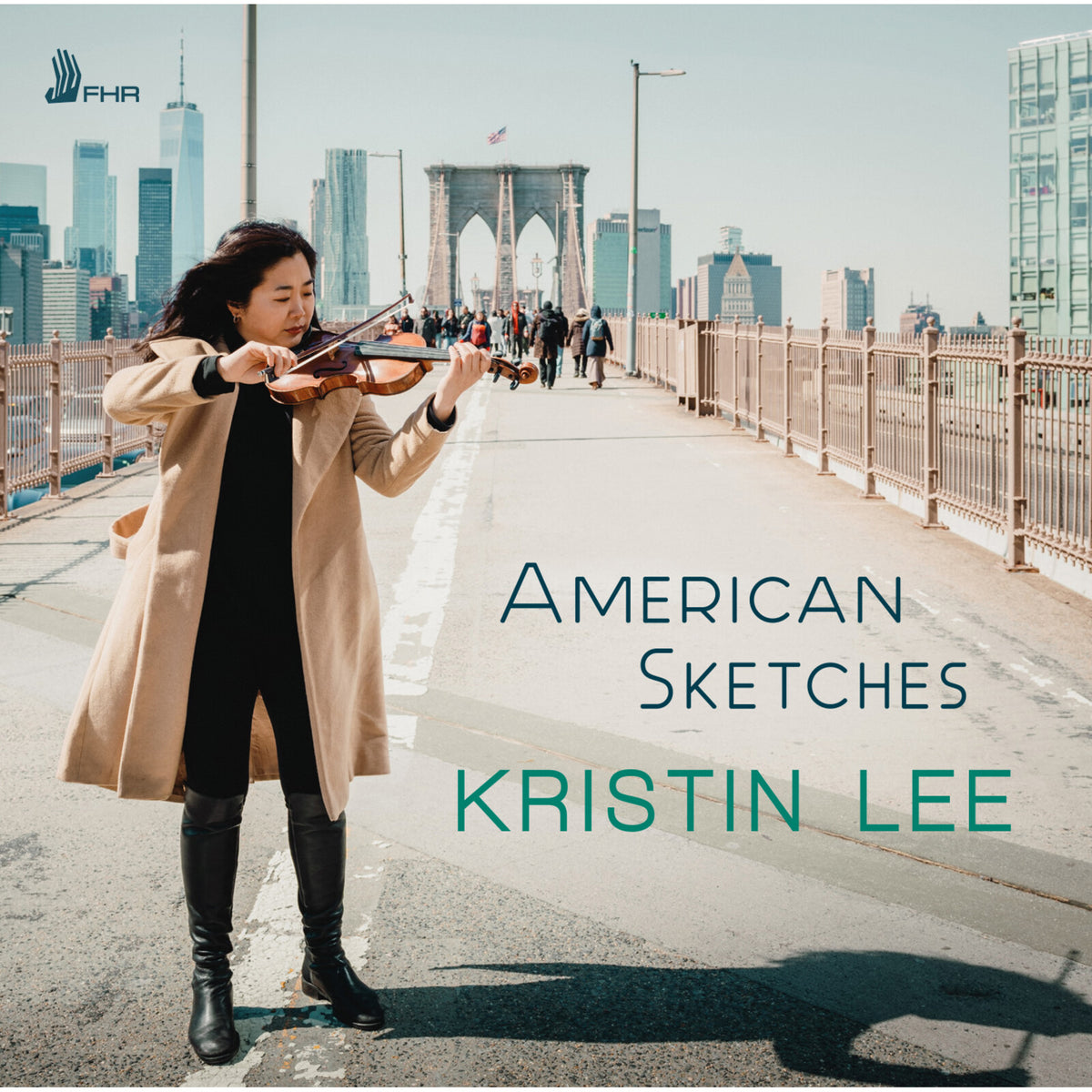 Violinist Kristin Lee on the Brooklyn Bridge, album cover art.