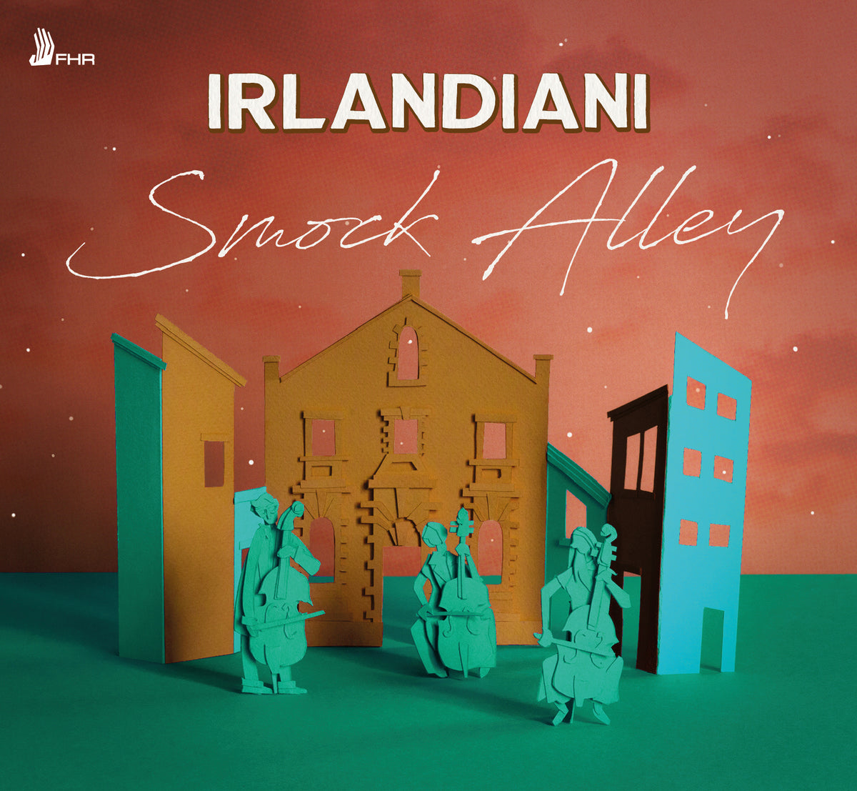 CD cover for Irlandiani’s “Smock Alley” featuring paper-cut style buildings and musicians.