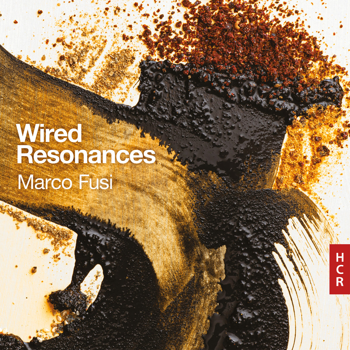 CD cover for "Wired Resonances" by Marco Fusi, abstract gold and black design.