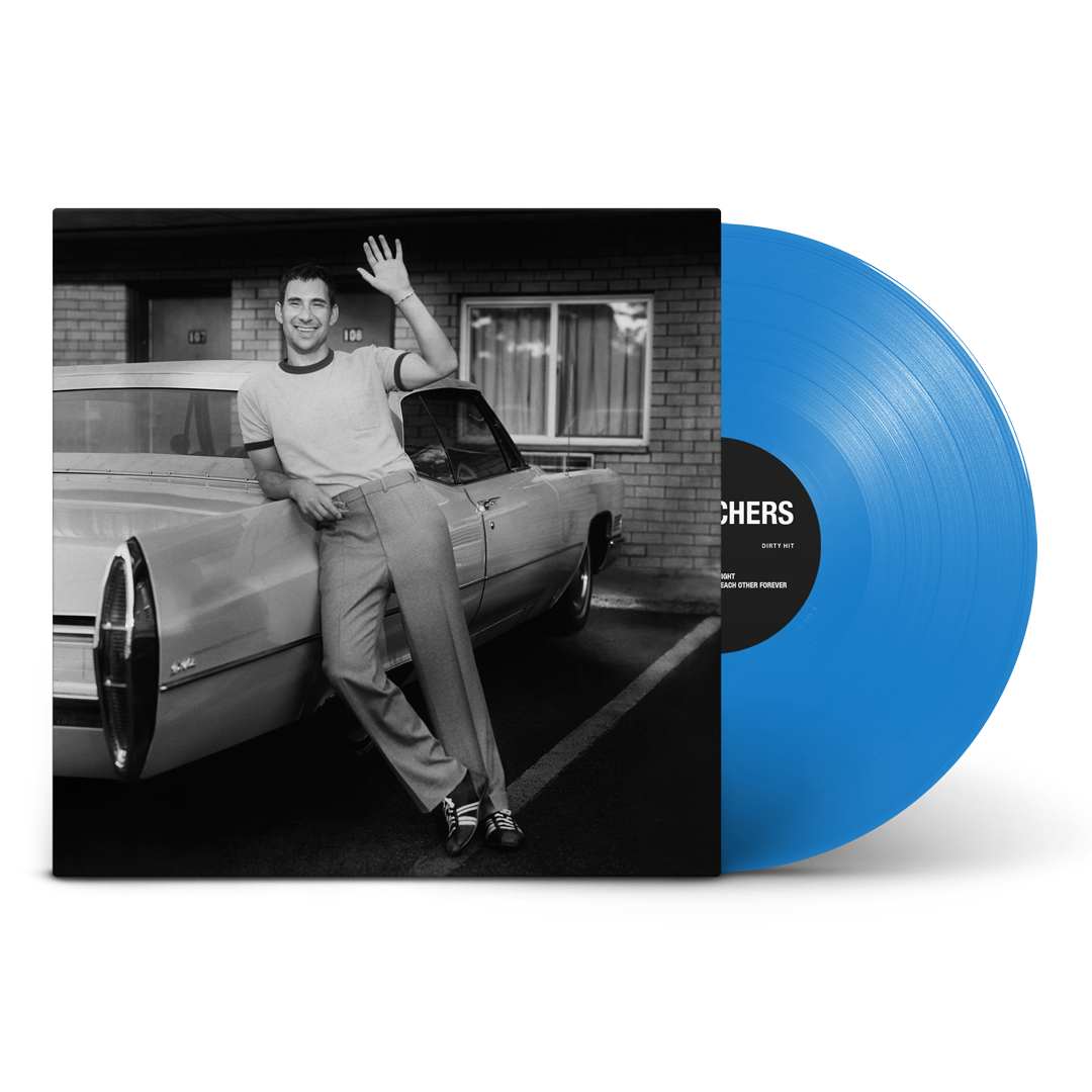 Bleachers album cover with a man and car, plus a blue vinyl record.