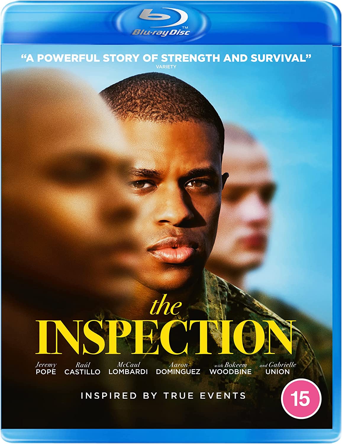 Blu-ray cover for "The Inspection" featuring a young Black man in military attire.