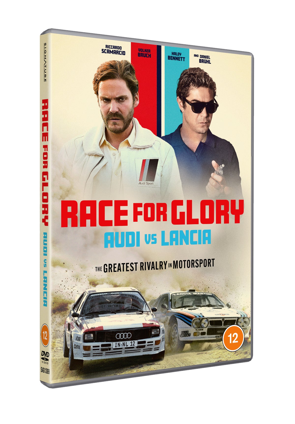 DVD cover for "Race for Glory," featuring a man and rally cars.