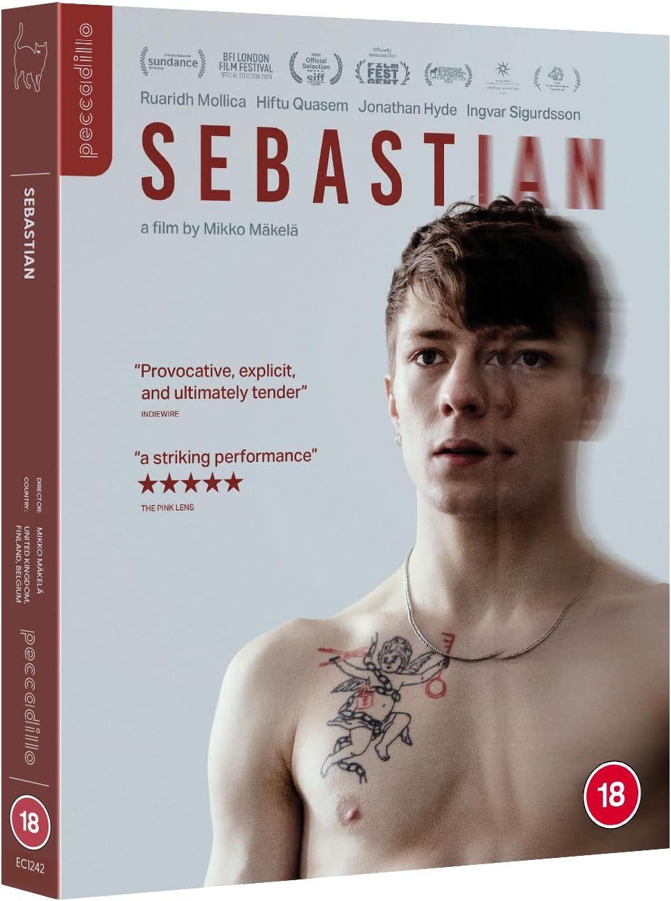Blu-ray cover for "Sebastian" featuring a young man with tattoos.