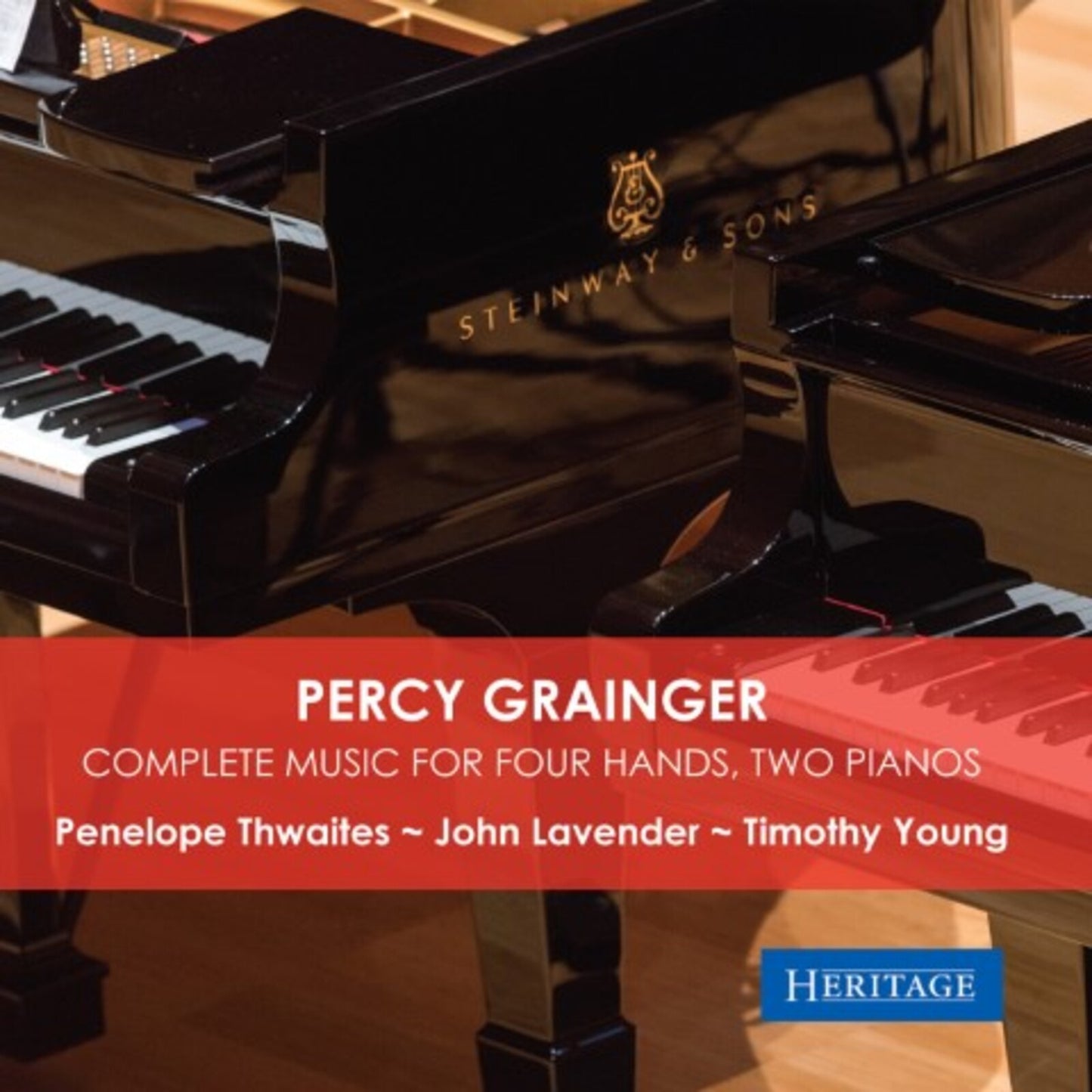 CD cover featuring two black Steinway grand pianos with text overlay on red background.