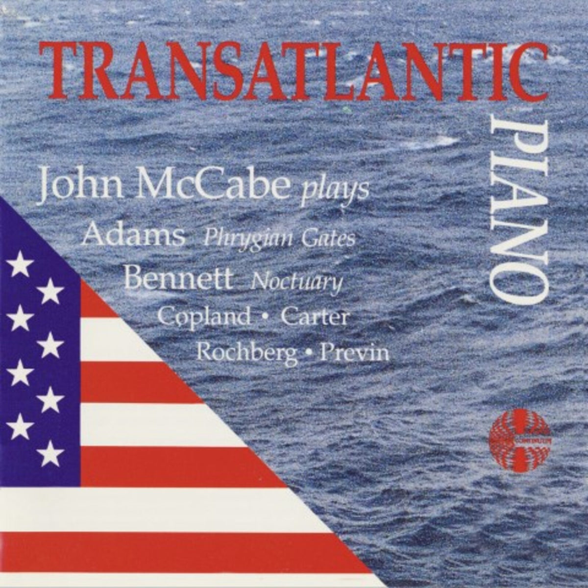 CD cover for John McCabe’s “Transatlantic Piano” with ocean and flags.