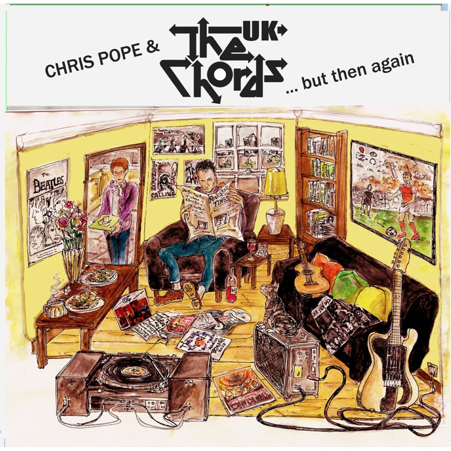 CD cover: illustrated living room scene with musicians and records.