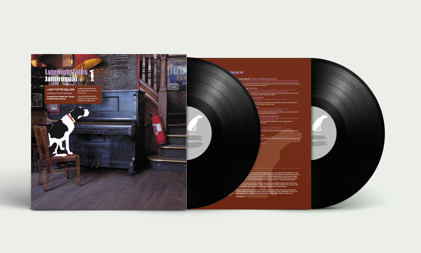 Vinyl record spread featuring a dimly lit bar scene and tracklist.