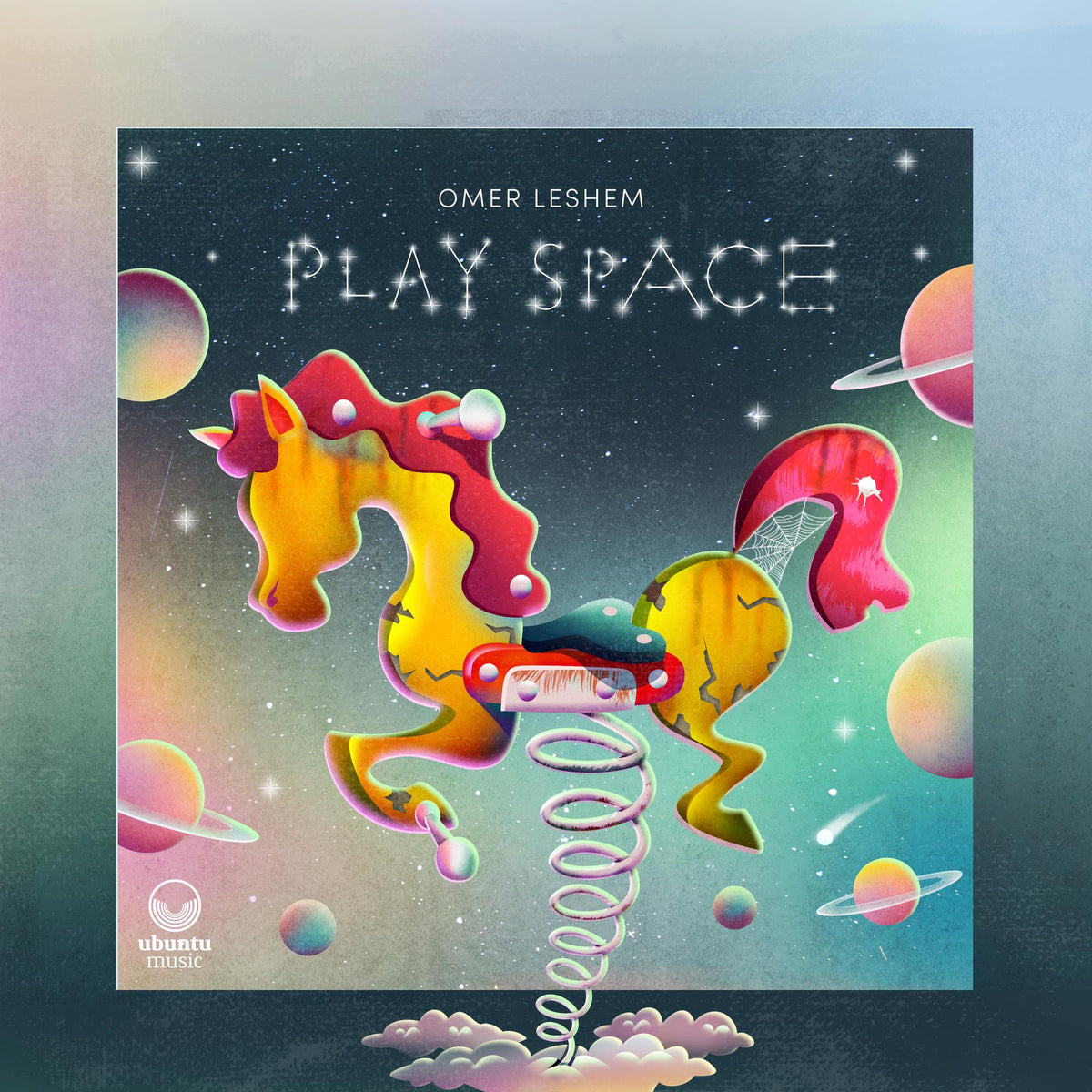 CD cover for Omer Leshem’s “Play Space” featuring colorful, whimsical illustrations.