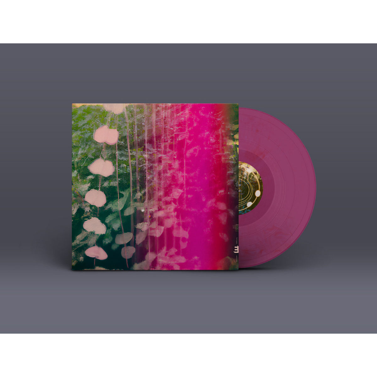 Vinyl record with pink and green abstract cover art, label visible.