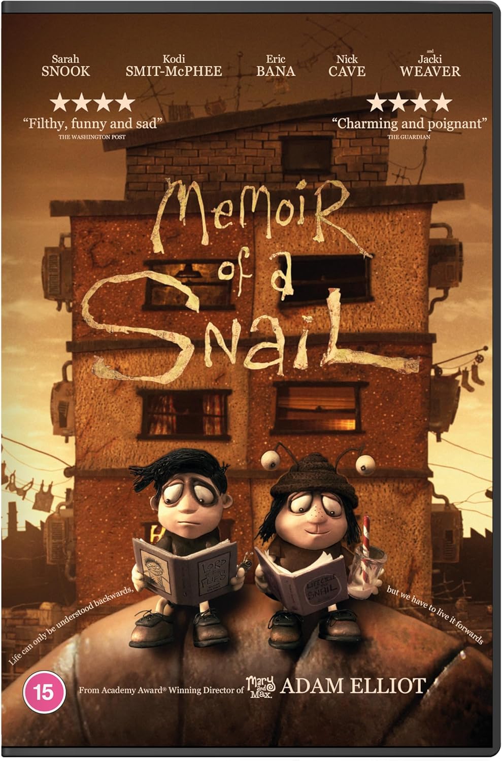 DVD cover for "Memoir of a Snail" featuring two snail characters reading.