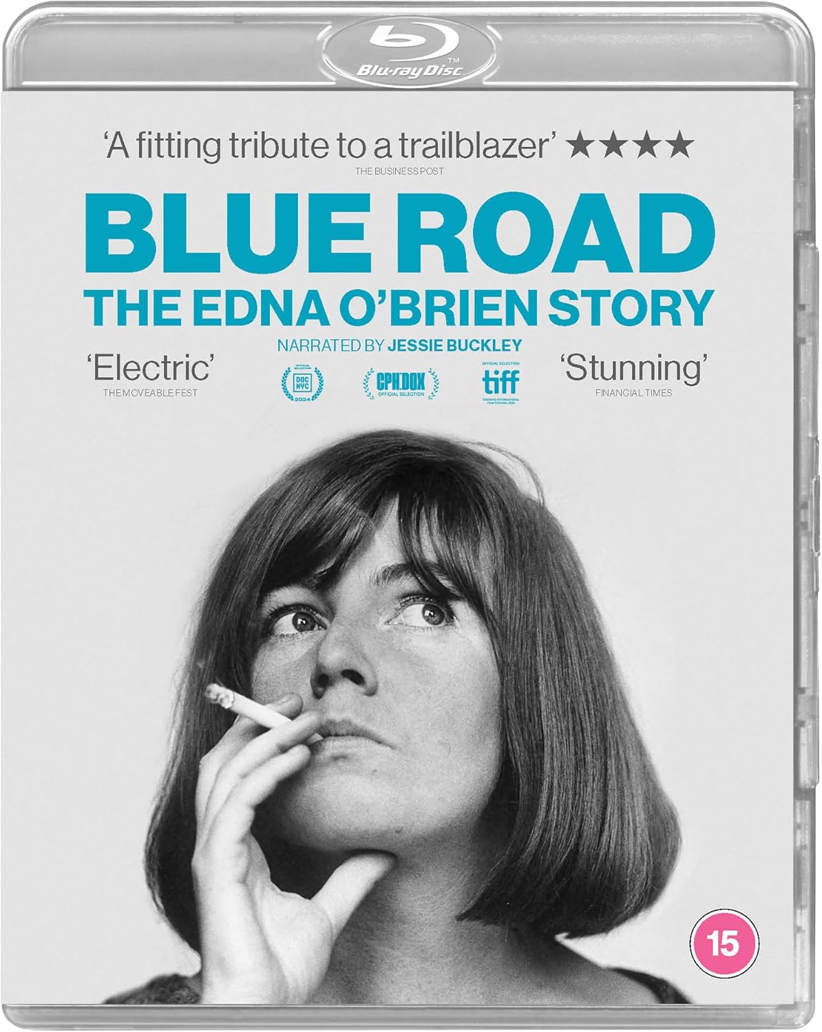 DVD cover for “Blue Road”, a biopic about Edna O’Brien, with her portrait.