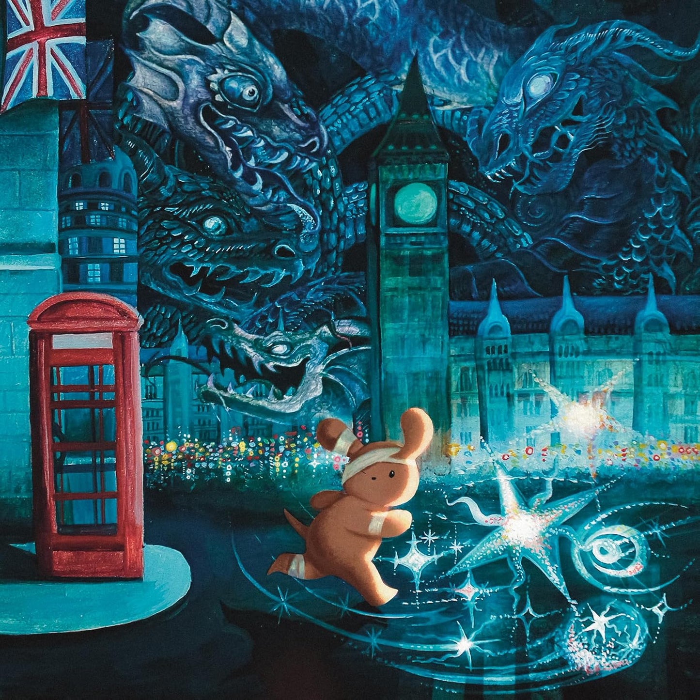 Painted album cover featuring a dragon, London landmarks, and a mouse.