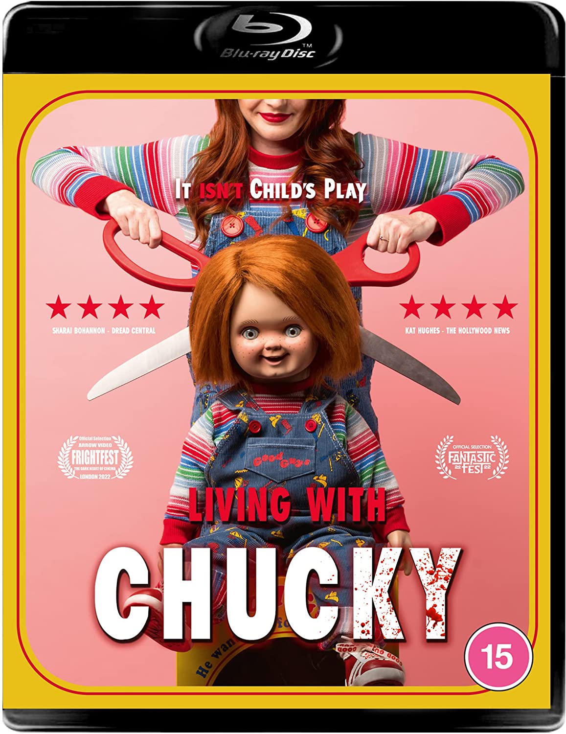 Blu-ray cover for "Living With Chucky" featuring the Chucky doll with a knife.